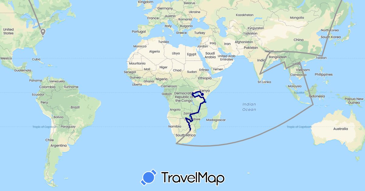 TravelMap itinerary: driving, plane, boat in Botswana, Indonesia, India, Kenya, Myanmar (Burma), Malawi, Nepal, Rwanda, Taiwan, Tanzania, Uganda, United States, Vietnam, South Africa, Zambia, Zimbabwe (Africa, Asia, North America)